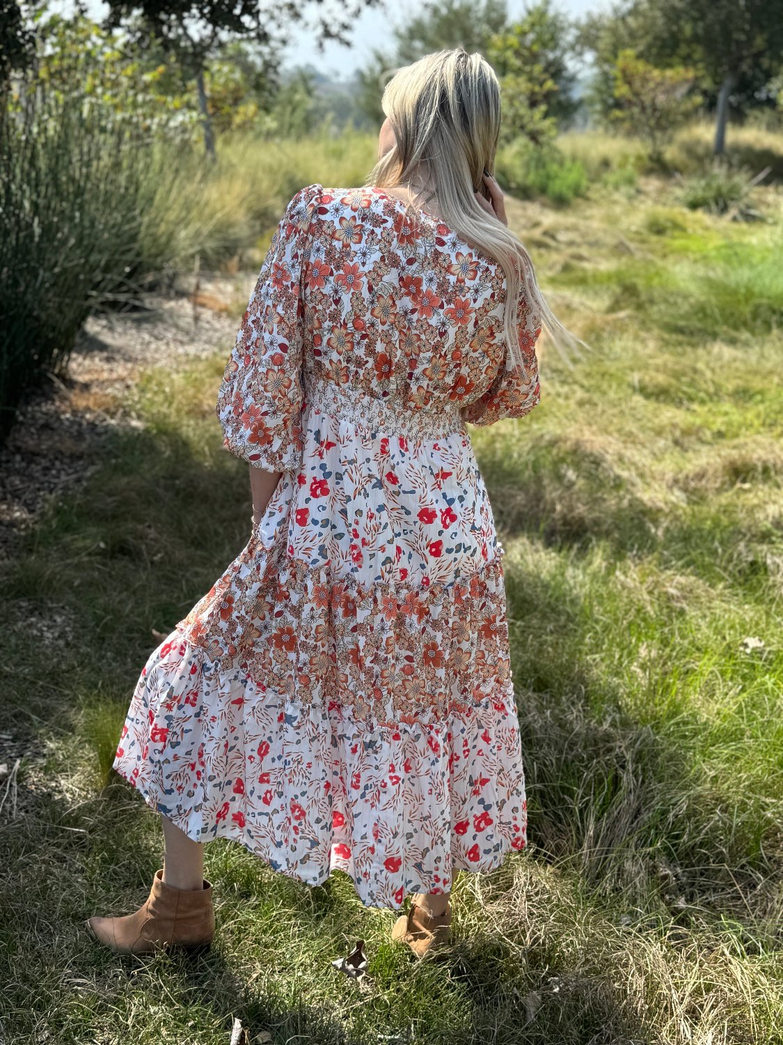 Threaded Pear Lily Floral Ruffled Tiered Midi Dress