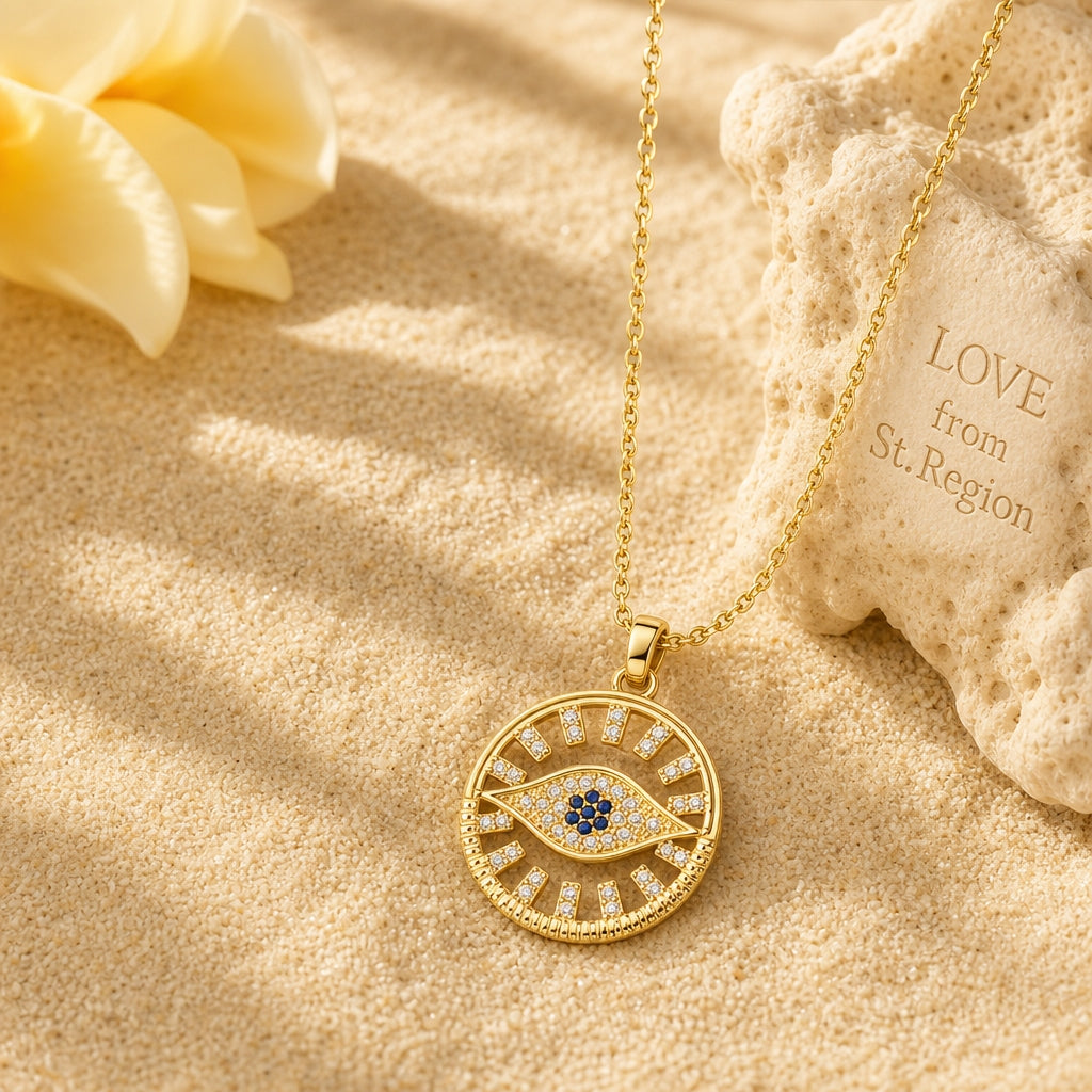 Cubic Zirconia & Goldtone Eye Round Pendant Necklace