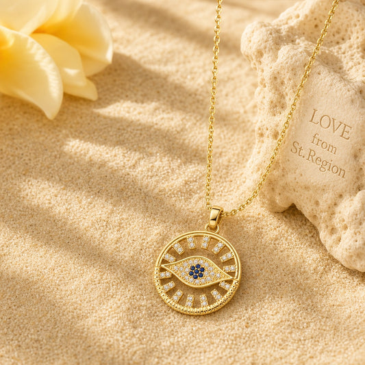 Cubic Zirconia & Goldtone Eye Round Pendant Necklace