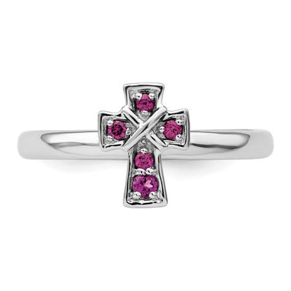 Natural Rhodolite Garnet Silver Stackable Cross Ring
