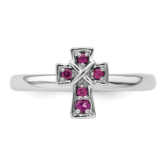 Natural Rhodolite Garnet Silver Stackable Cross Ring