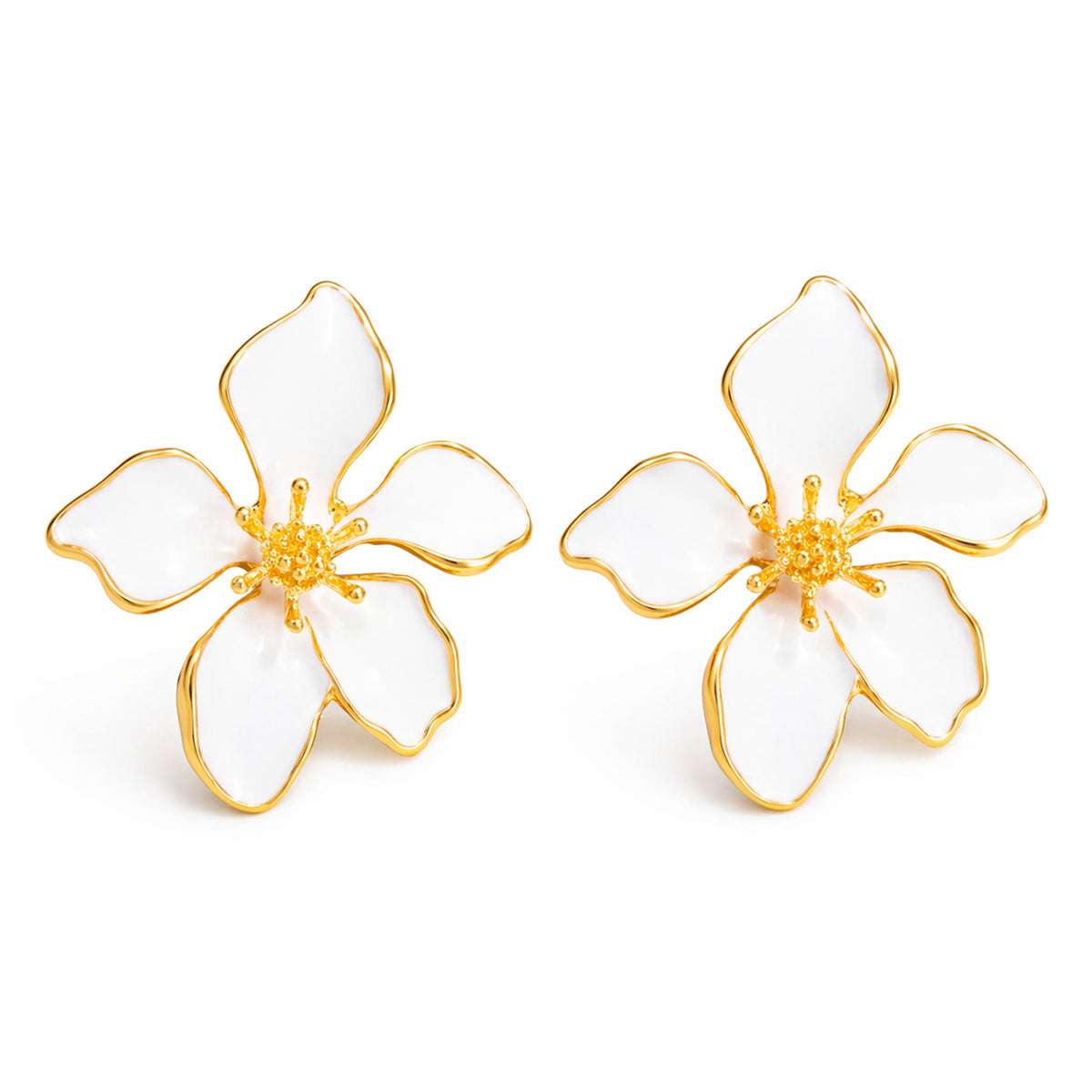 White Enamel & Goldtone Flower Stud Earrings
