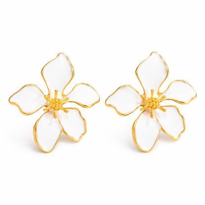 White Enamel & Goldtone Flower Stud Earrings
