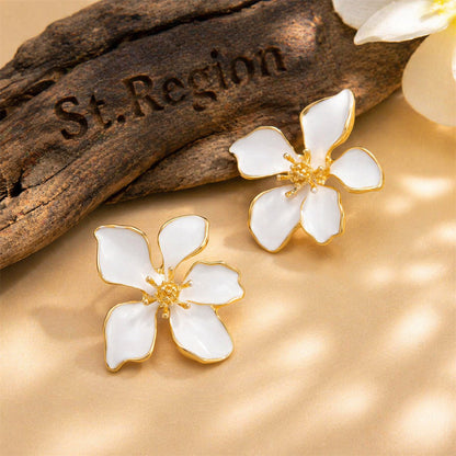 White Enamel & Goldtone Flower Stud Earrings