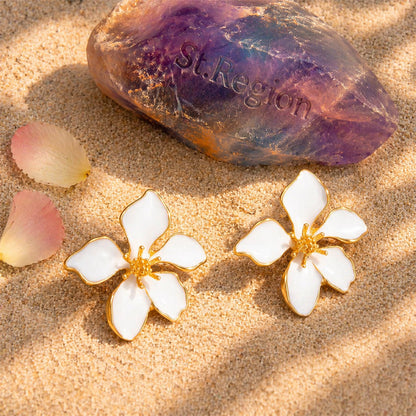 White Enamel & Goldtone Flower Stud Earrings