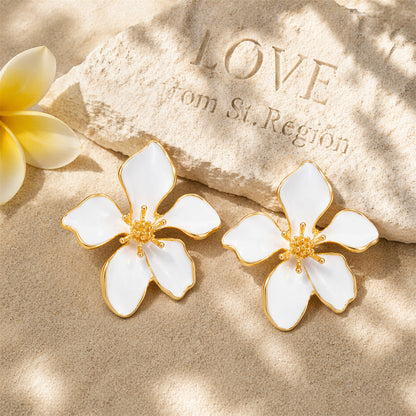 White Enamel & Goldtone Flower Stud Earrings