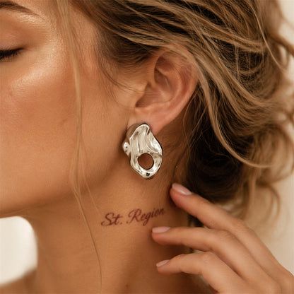 Silvertone Hammered Open Uneven Drop Statement Stud Earrings