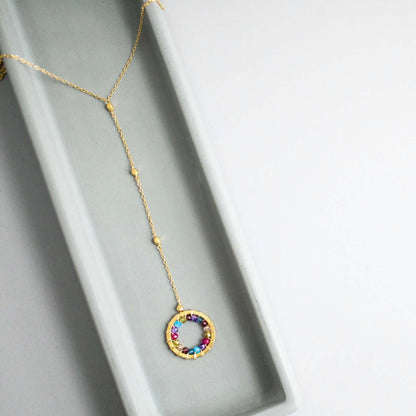 Black Spinel, Rainbow Gemstone and Pearl Halo Y Pendants