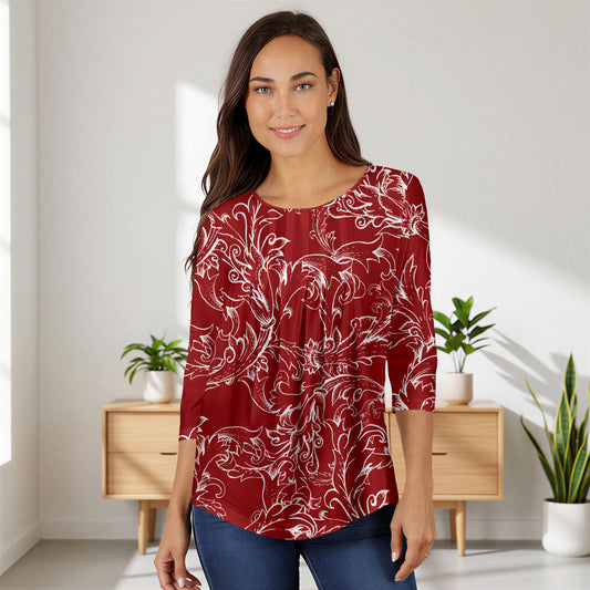 Red and White Floral Pleated Three-Quarter Sleeve Tunic by Bon Apple Tea