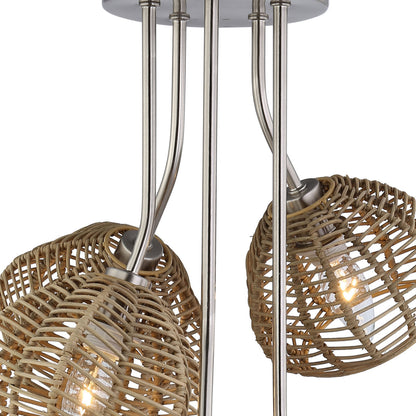 River of Goods Mila 20.5" High Brushed Nickel Iron Shaded Five-Branch Ceiling Light with Five Rattan Shades