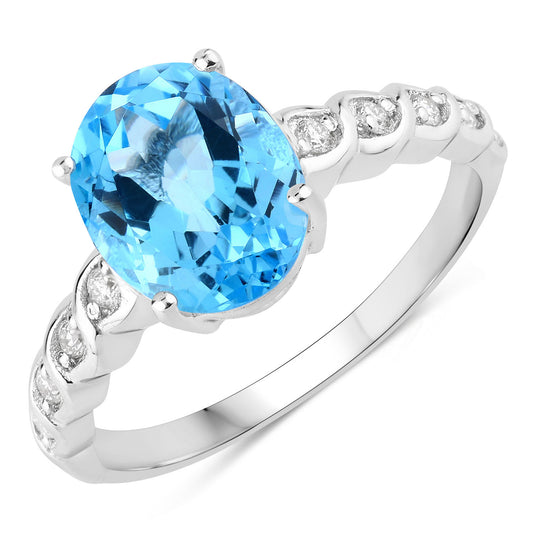 Fine Color Jewels 2.70 Ct Genuine Swiss Blue Topaz and Lab Grown Diamond Silver Bridge Ring