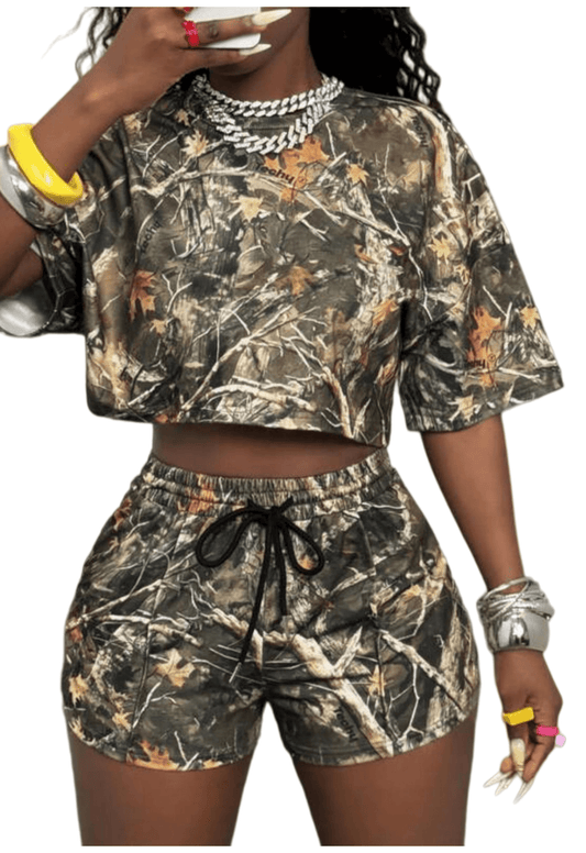 Chic YC Women's Camo Print Cropped T-Shirt and Shorts 2 Piece Set Casual Summer Streetwear Loungewear