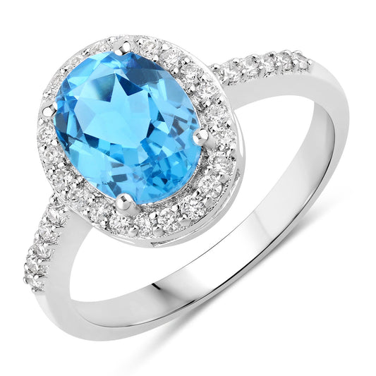 Fine Color Jewels 2.32 Ct Genuine Swiss Blue Topaz and Lab Grown Diamond Silver Ring