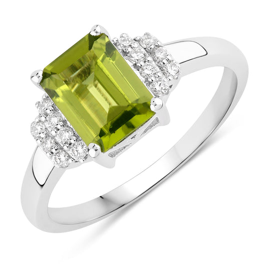 Fine Color Jewels 1.74 Ct Genuine Peridot and Lab Grown Diamond Silver Cocktail Ring