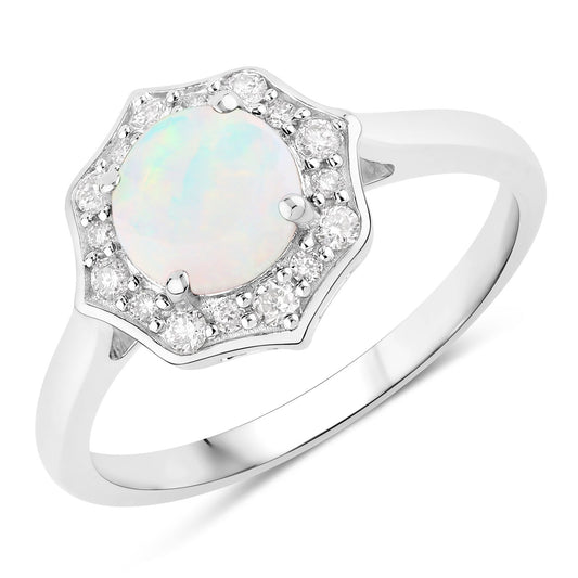 Fine Color Jewels 0.77 Ct Genuine Ethiopian Opal and Lab Grown Diamond Silver Halo Ring