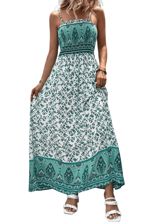 Chic YC Women's Floral Print Spaghetti Strap Maxi Dress Smocked Waist Boho Summer Beach Dress