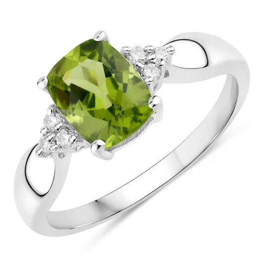 Fine Color Jewels 1.49 Ct Genuine Peridot and Lab Grown Diamond Silver Cushion Cut Cocktail Ring
