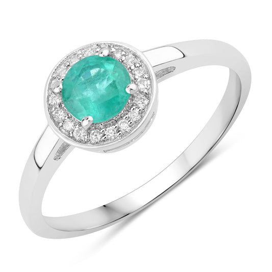 Fine Color Jewels 0.51 Ct Genuine Zambian Emerald and Lab Grown Diamond Silver Halo Ring