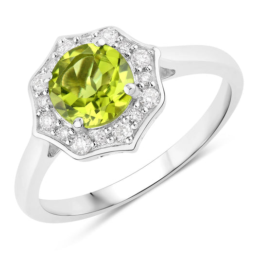 Fine Color Jewels 1.27 Ct Genuine Peridot and Lab Grown Diamond Silver Halo Ring