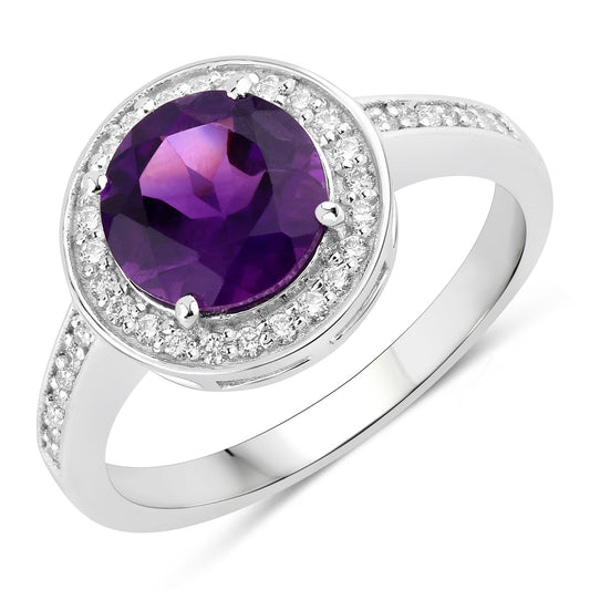 Fine Color Jewels 2.01 Ct Genuine Amethyst and Lab Grown Diamond Silver Halo Ring
