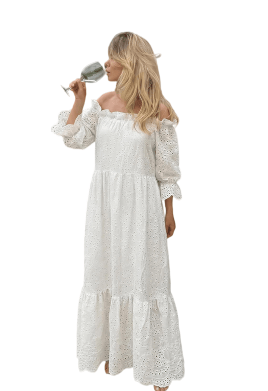 Chic YC Women's Eyelet Embroidered Off-Shoulder Maxi Dress 3/4 Sleeve Summer Boho Dress