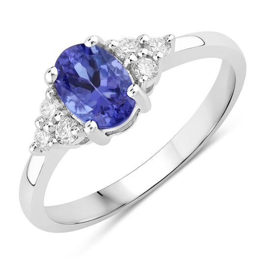 Fine Color Jewels 0.90 Ct Genuine Tanzanite and Lab Grown Diamond Silver Oval Cocktail Ring