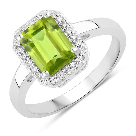 Fine Color Jewels 1.78 Ct Genuine Peridot and Lab Grown Diamond Silver Halo Octagon Ring