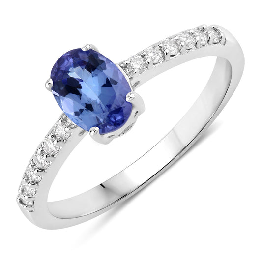 Fine Color Jewels 0.93 Ct Genuine Tanzanite and Lab Grown Diamond Silver Bridge Ring