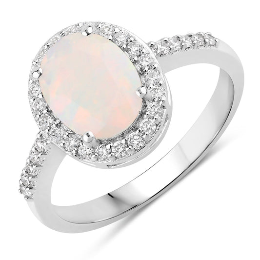 Fine Color Jewels 1.22 Ct Genuine Ethiopian Opal and Lab Grown Diamond Silver Ring