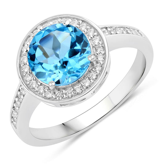 Fine Color Jewels 2.46 Ct Genuine Swiss Blue Topaz and Lab Grown Diamond Silver Halo Ring