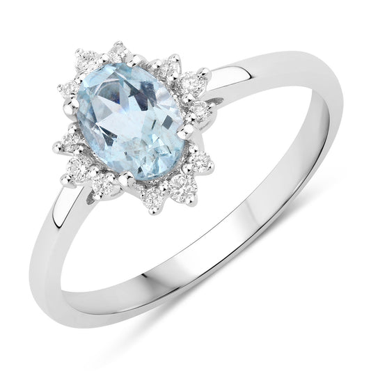 Fine Color Jewels 0.72 Ct Genuine Aquamarine and Lab Grown Diamond Silver Ring