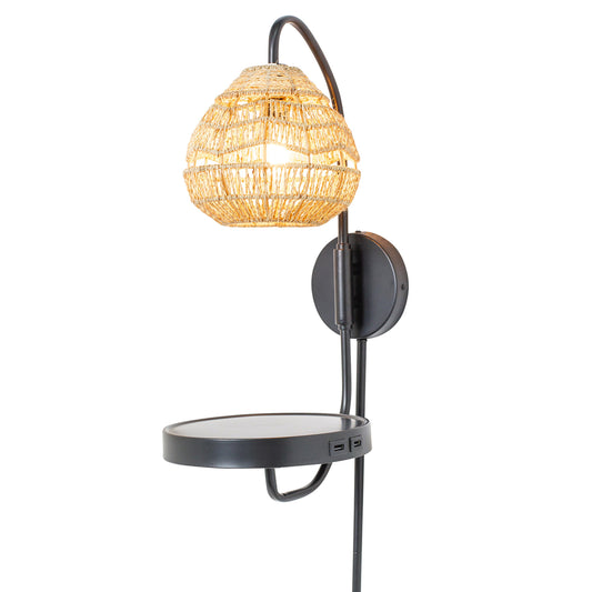 River of Goods Yara 32.75” High Black Satin Painted Iron Candlestick Wall Sconce with Round Tan Rattan Shade and 2 USB Charging Ports