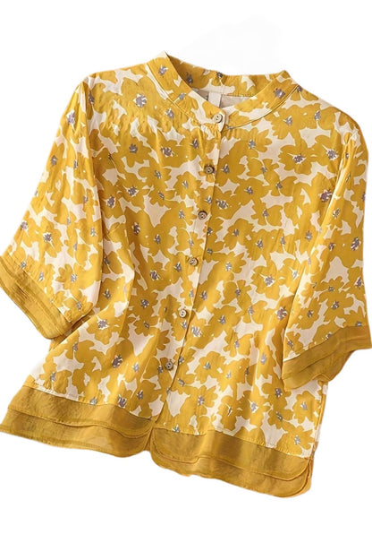 Chic YC Women's Floral Print Stand Collar Blouse Short Sleeve Button-Down Casual Summer Top