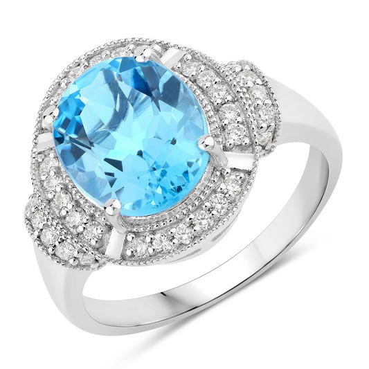 Fine Color Jewels 4.34 Ct Genuine Swiss Blue Topaz and Lab Grown Diamond Silver Statement Ring