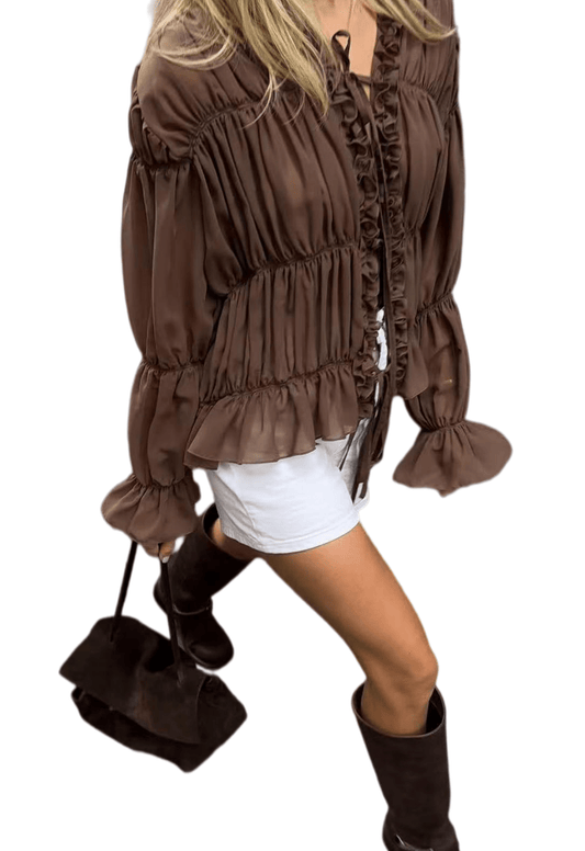 Chic YC Women's Ruffle Trim Ruched Blouse Long Sleeve Tie Front V-Neck Chiffon Elegant Top