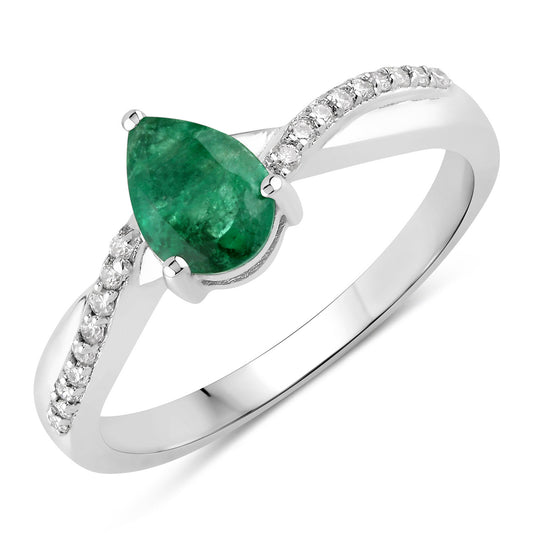 Fine Color Jewels 0.79 Ct Genuine Zambian Emerald and Lab Grown Diamond Silver Crossover Ring