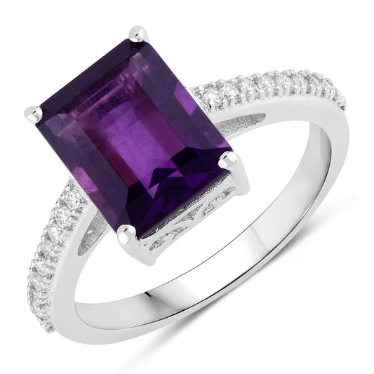 Fine Color Jewels 3.43 Ct Genuine Amethyst and Lab Grown Diamond Silver Statement Pave Bridge Ring