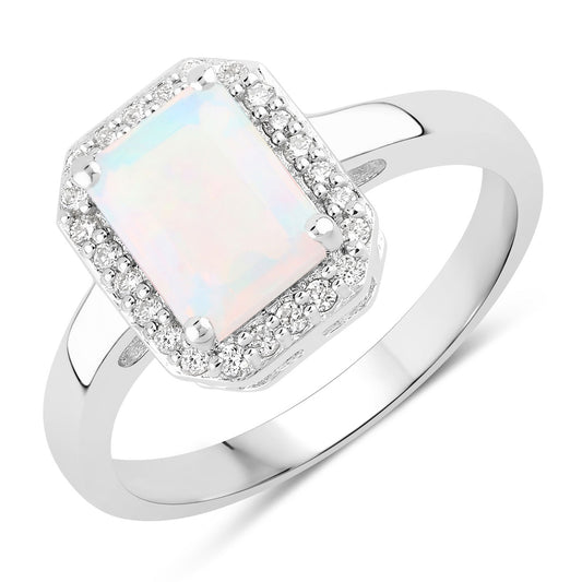 Fine Color Jewels 1.23 Ct Genuine Ethiopian Opal and Lab Grown Diamond Silver Halo Octagon Ring