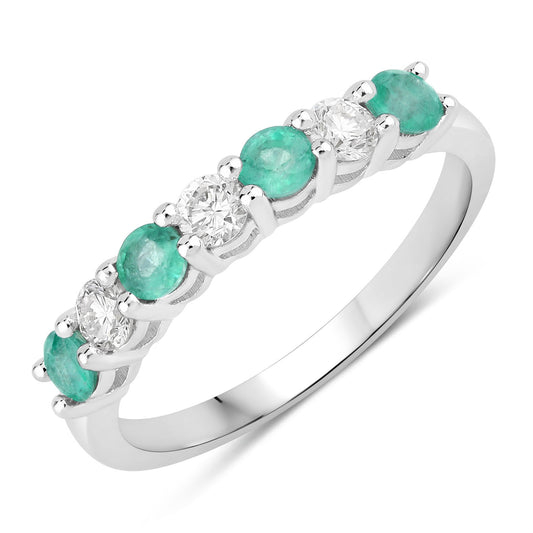 Fine Color Jewels 0.73 Ct Genuine Zambian Emerald and Lab Grown Diamond Silver Eternity Ring