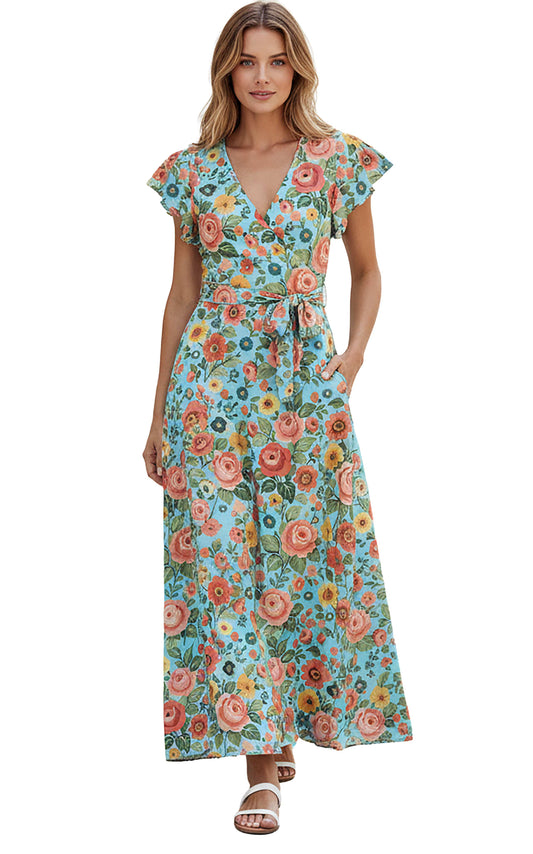 Lily by Firmiana Women’s Flutter Sleeve Wrap Style Maxi Dress with Waist Tie Women’s Apparel