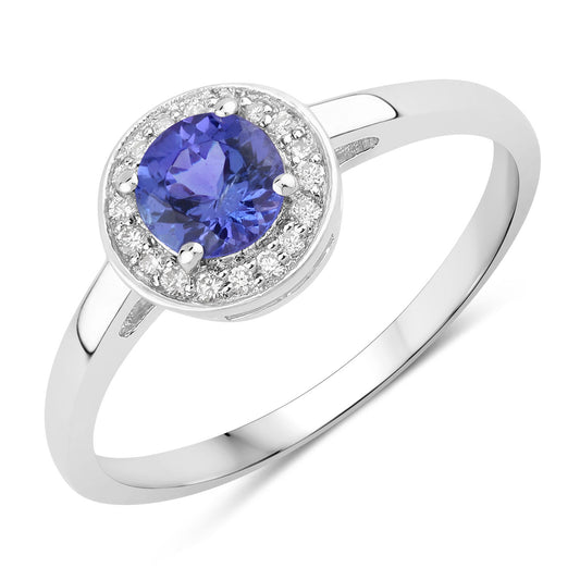 Fine Color Jewels 0.56 Ct Genuine Tanzanite and Lab Grown Diamond Silver Halo Ring