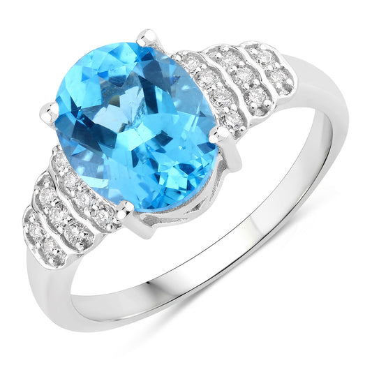 Fine Color Jewels 2.69 Ct Genuine Swiss Blue Topaz and Lab Grown Diamond Silver Ring
