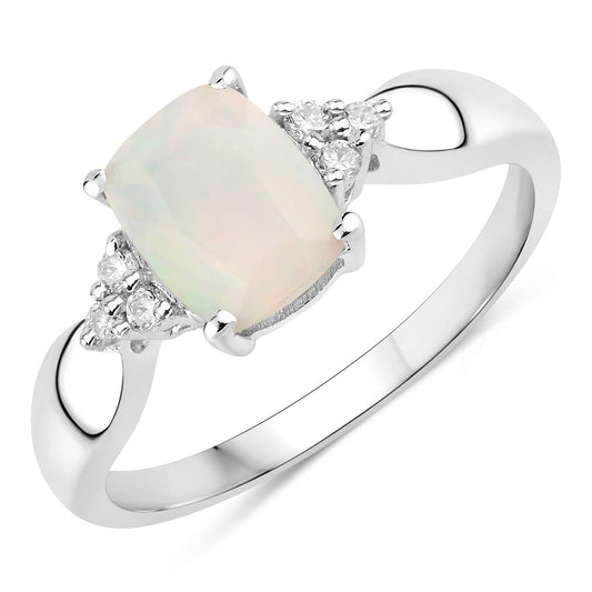 Fine Color Jewels 0.94 Ct Genuine Ethiopian Opal and Lab Grown Diamond Silver Cushion Cut Cocktail Ring