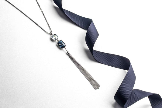 Montana Blue Shade Swarovski Crystal Necklace – Double Crystal Tassled Pendant Necklace By callura
