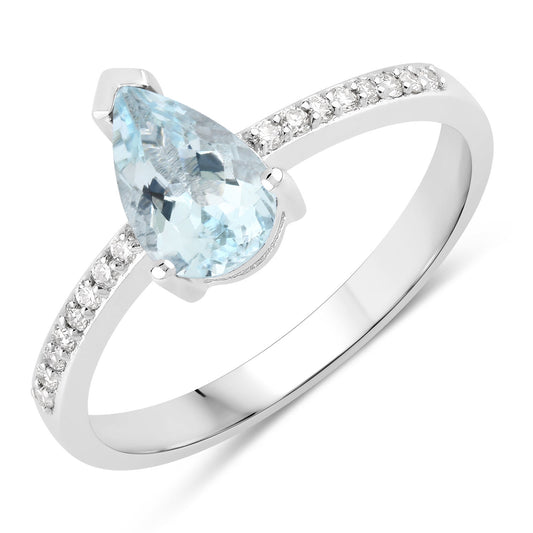Fine Color Jewels 0.90 Ct Genuine Aquamarine and Lab Grown Diamond Silver Ring