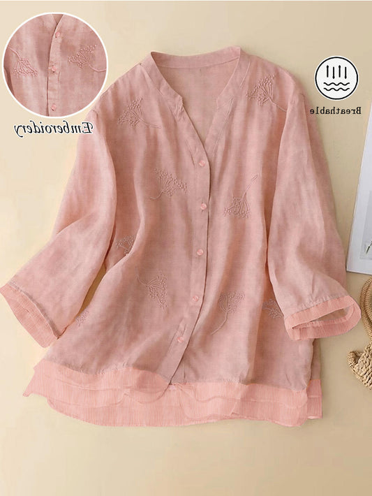 Chic YC Women's Floral Embroidery V-Neck Blouse 3/4 Sleeve Summer Casual Button-Down Shirt