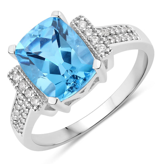 Fine Color Jewels 3.68 Ct Genuine Swiss Blue Topaz and Lab Grown Diamond Silver Cushion Cut Statement Ring