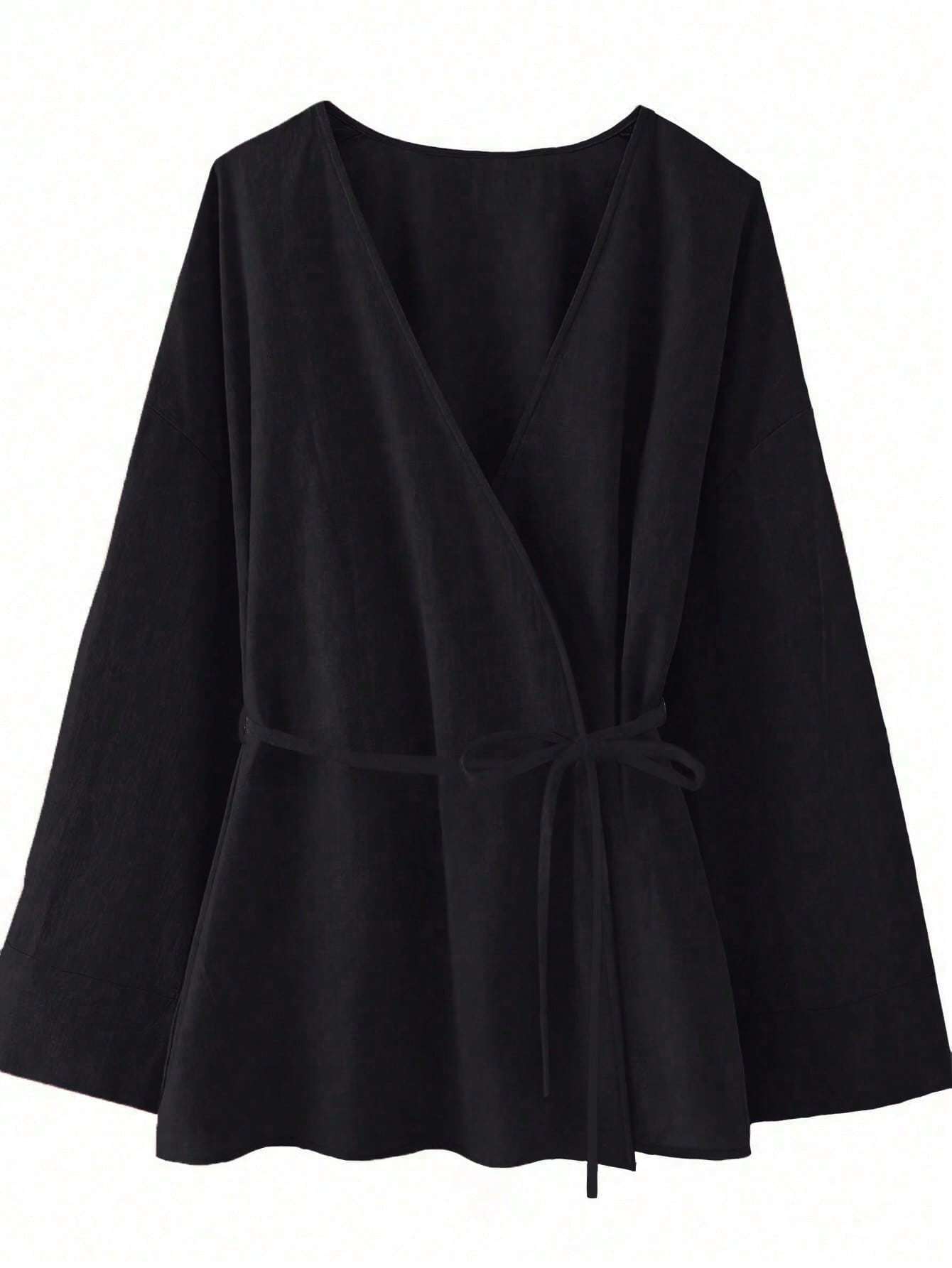 Chic YC Women's Wrap V Neck Tie Waist Kimono Blouse Long Sleeve Casual Cotton Top - Black