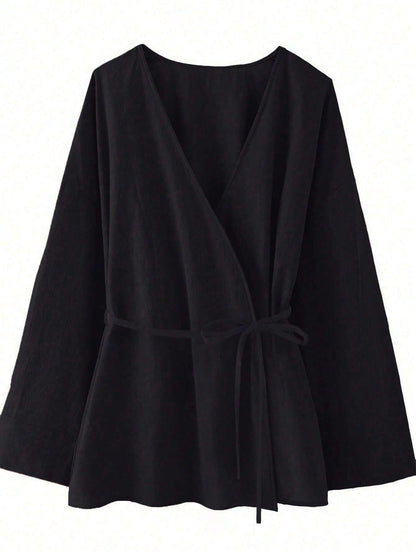 Chic YC Women's Wrap V Neck Tie Waist Kimono Blouse Long Sleeve Casual Cotton Top - Black