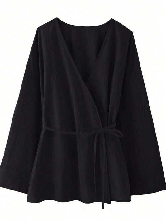 Chic YC Women's Wrap V Neck Tie Waist Kimono Blouse Long Sleeve Casual Cotton Top - Black